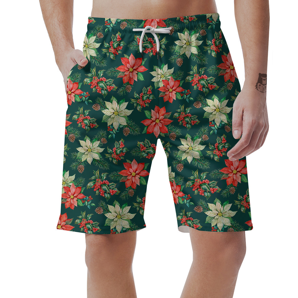 Poinsettia Watercolor Print Pattern Men's Shorts-grizzshop