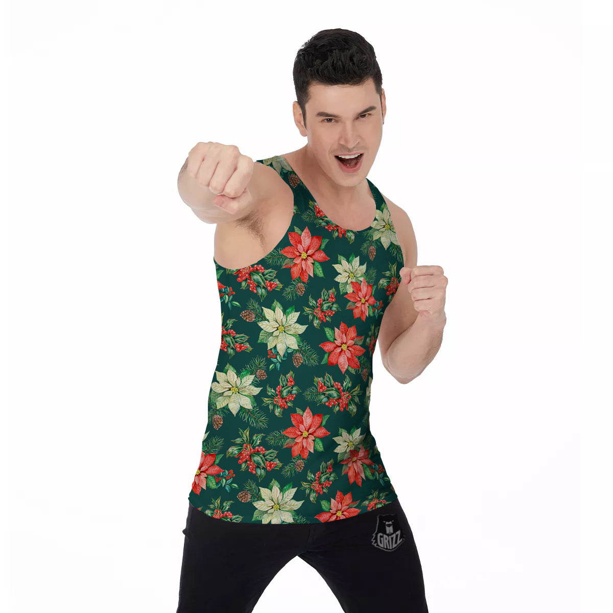 Poinsettia Watercolor Print Pattern Men's Tank Top-grizzshop