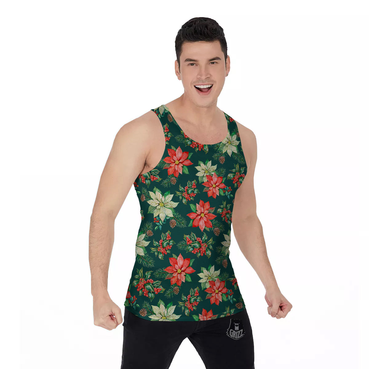 Poinsettia Watercolor Print Pattern Men's Tank Top-grizzshop