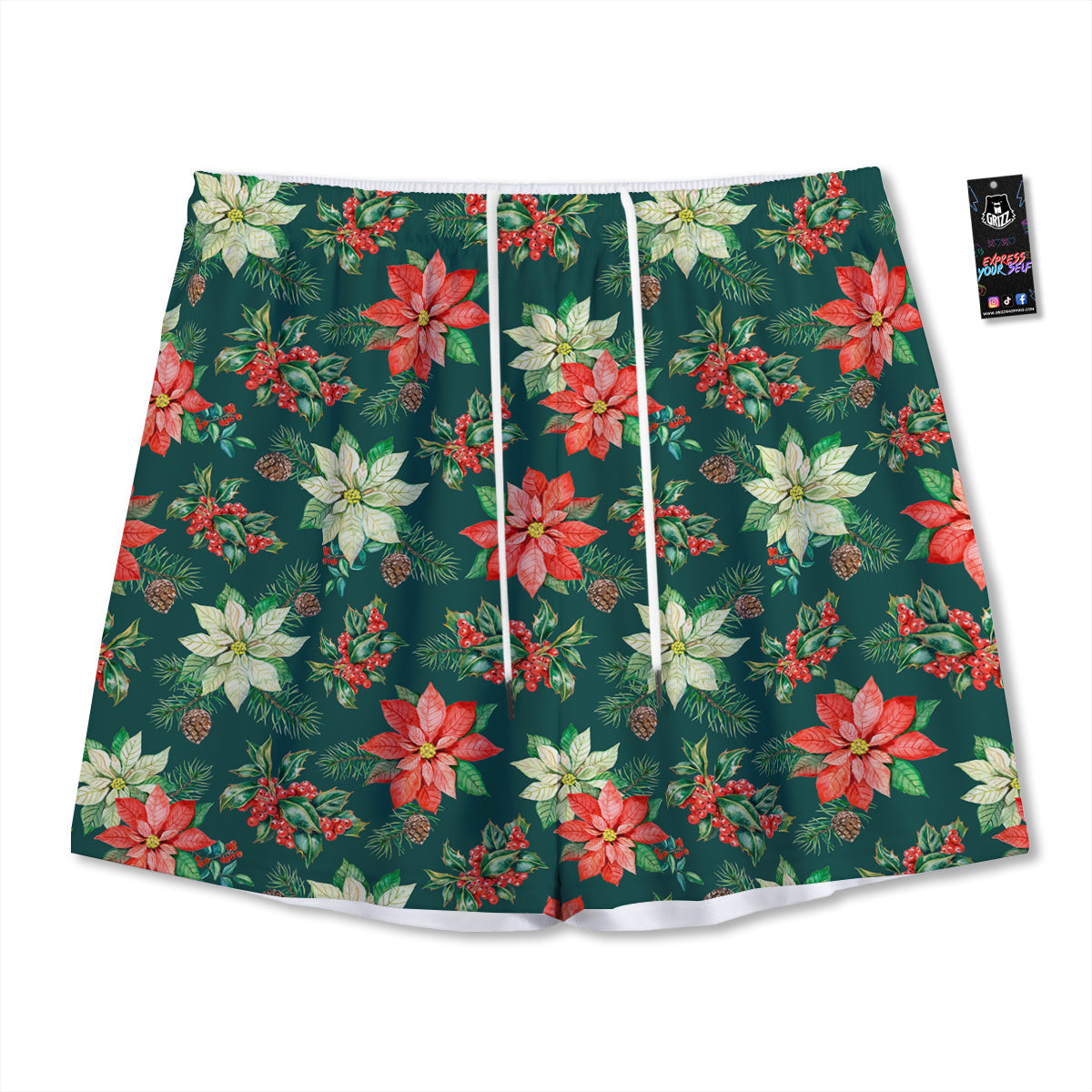 Poinsettia Watercolor Print Pattern Mesh Shorts