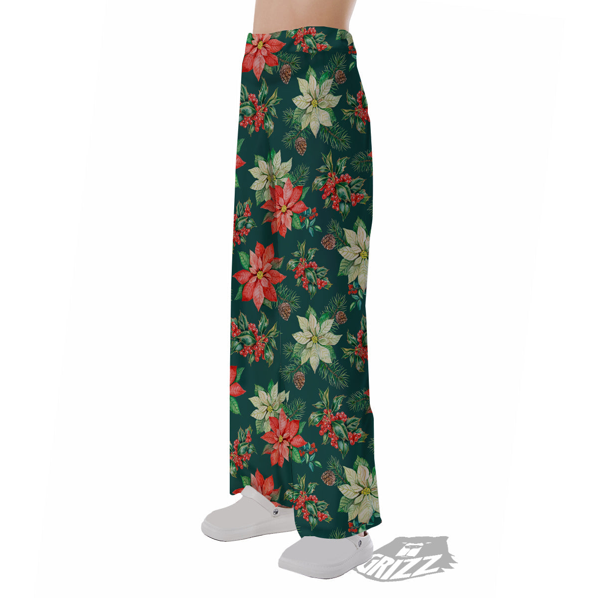 Poinsettia Watercolor Print Pattern Pajama Pants-grizzshop
