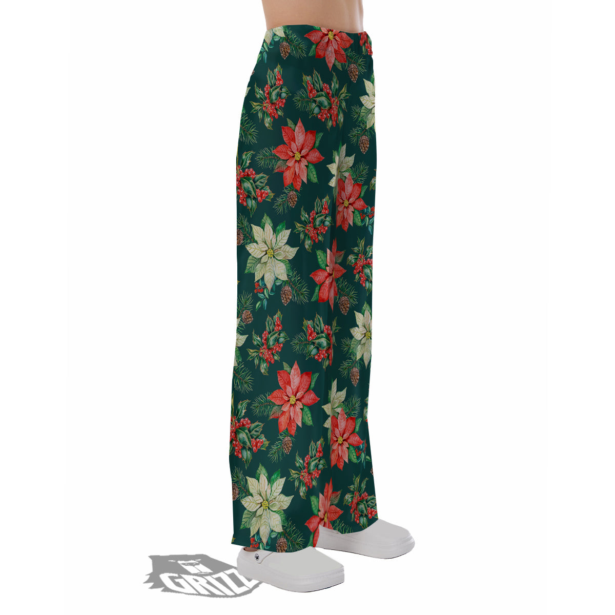 Poinsettia Watercolor Print Pattern Pajama Pants-grizzshop