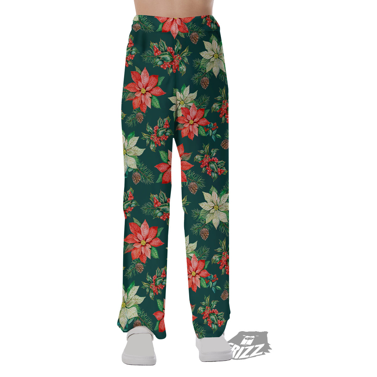 Poinsettia Watercolor Print Pattern Pajama Pants-grizzshop