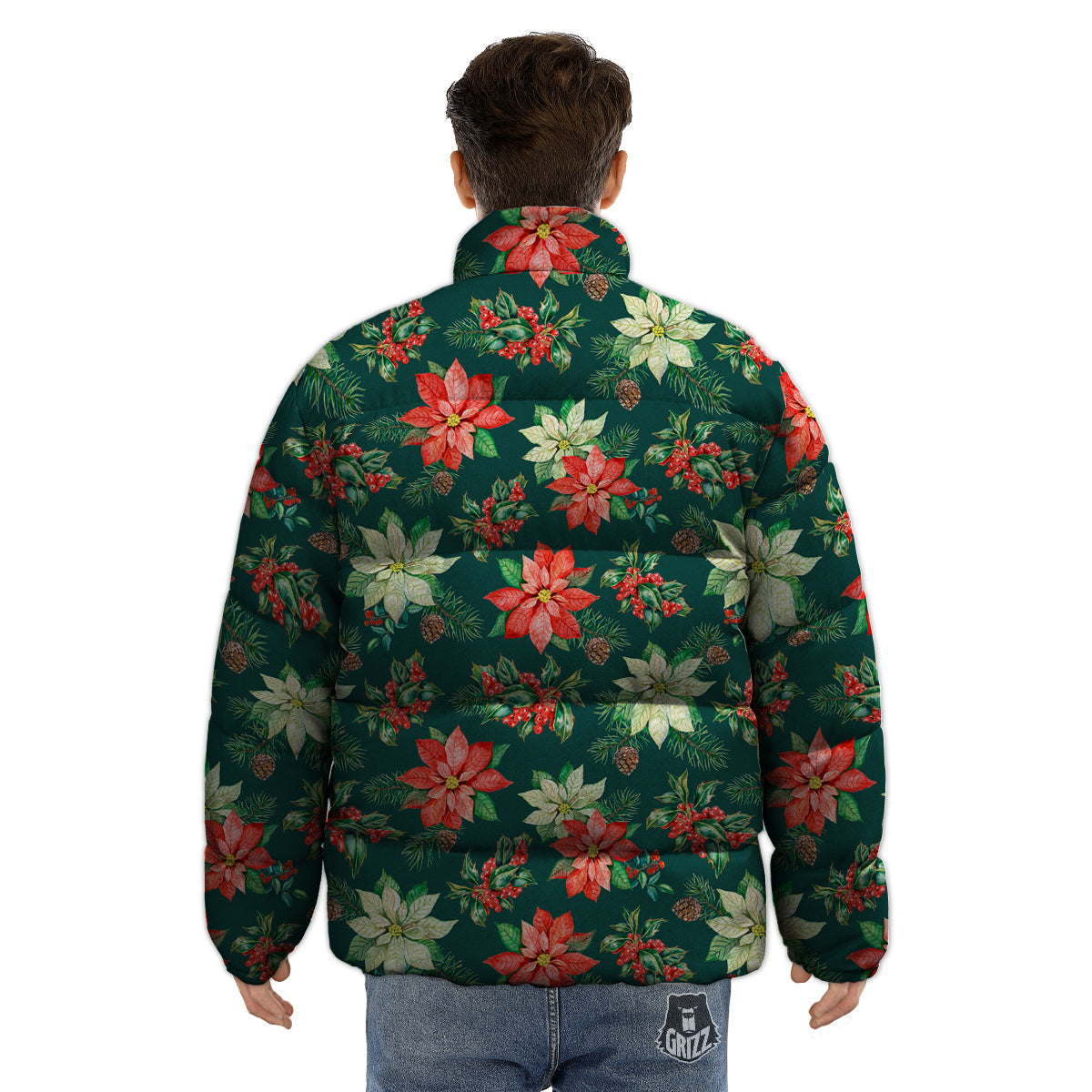 Poinsettia Watercolor Print Pattern Puffer Jacket-grizzshop