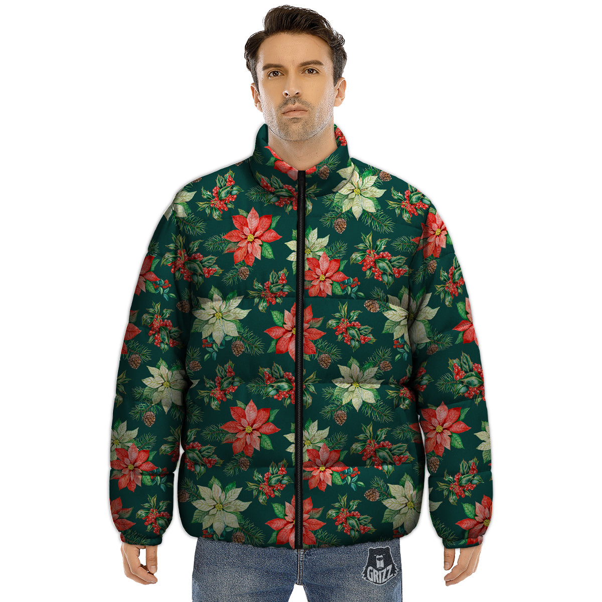 Poinsettia Watercolor Print Pattern Puffer Jacket-grizzshop
