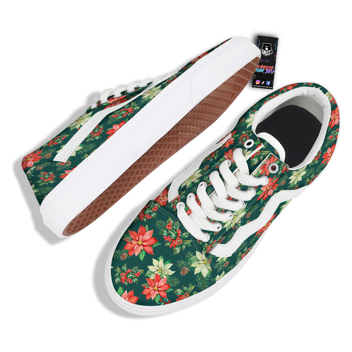 Poinsettia Watercolor Print Pattern Skate Shoes-grizzshop