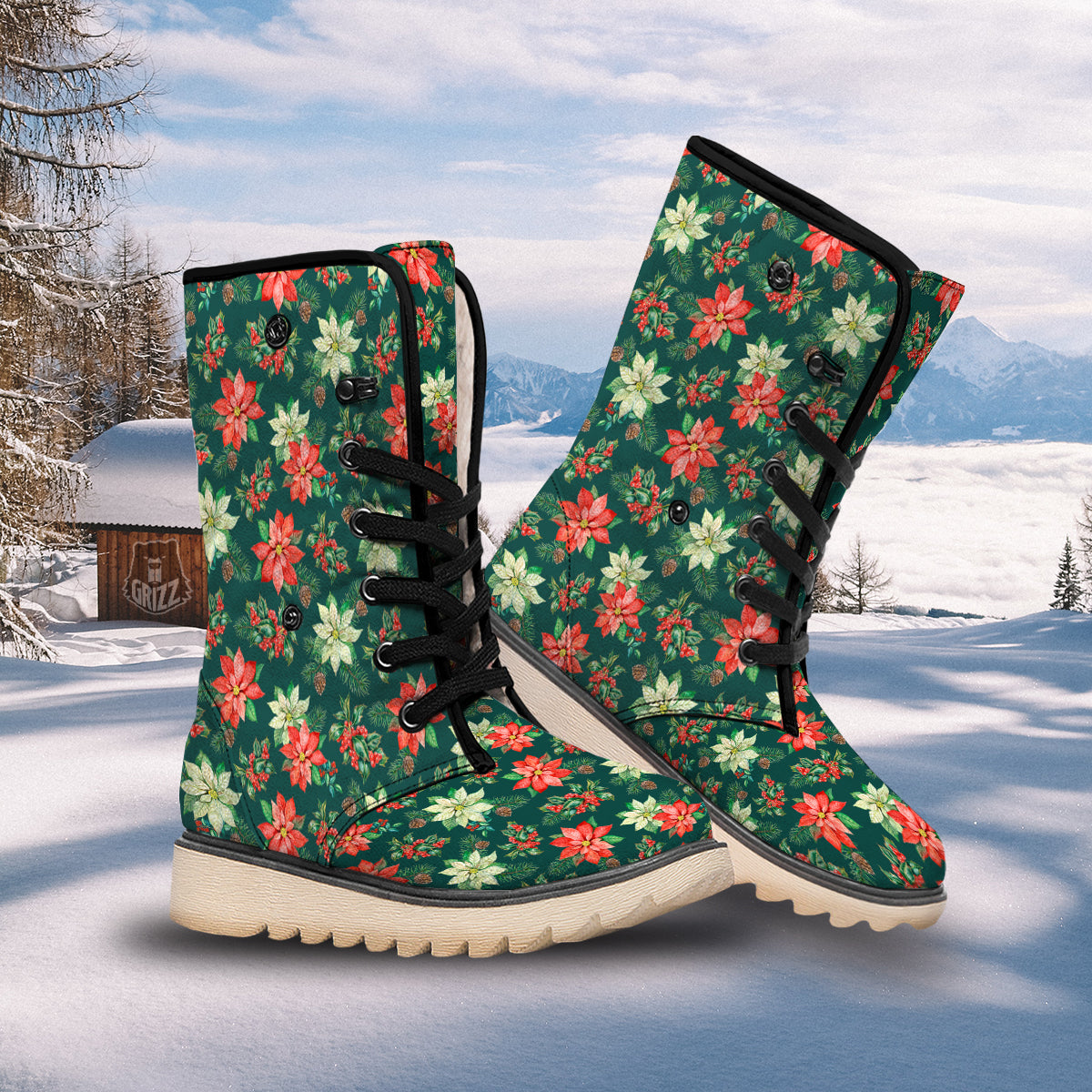 Poinsettia Watercolor Print Pattern Snow Boots-grizzshop