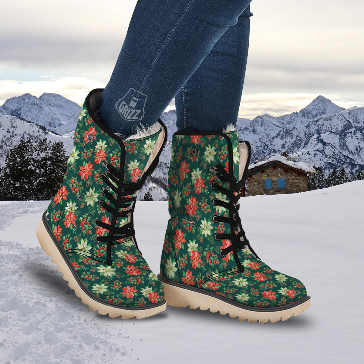 Poinsettia Watercolor Print Pattern Snow Boots-grizzshop