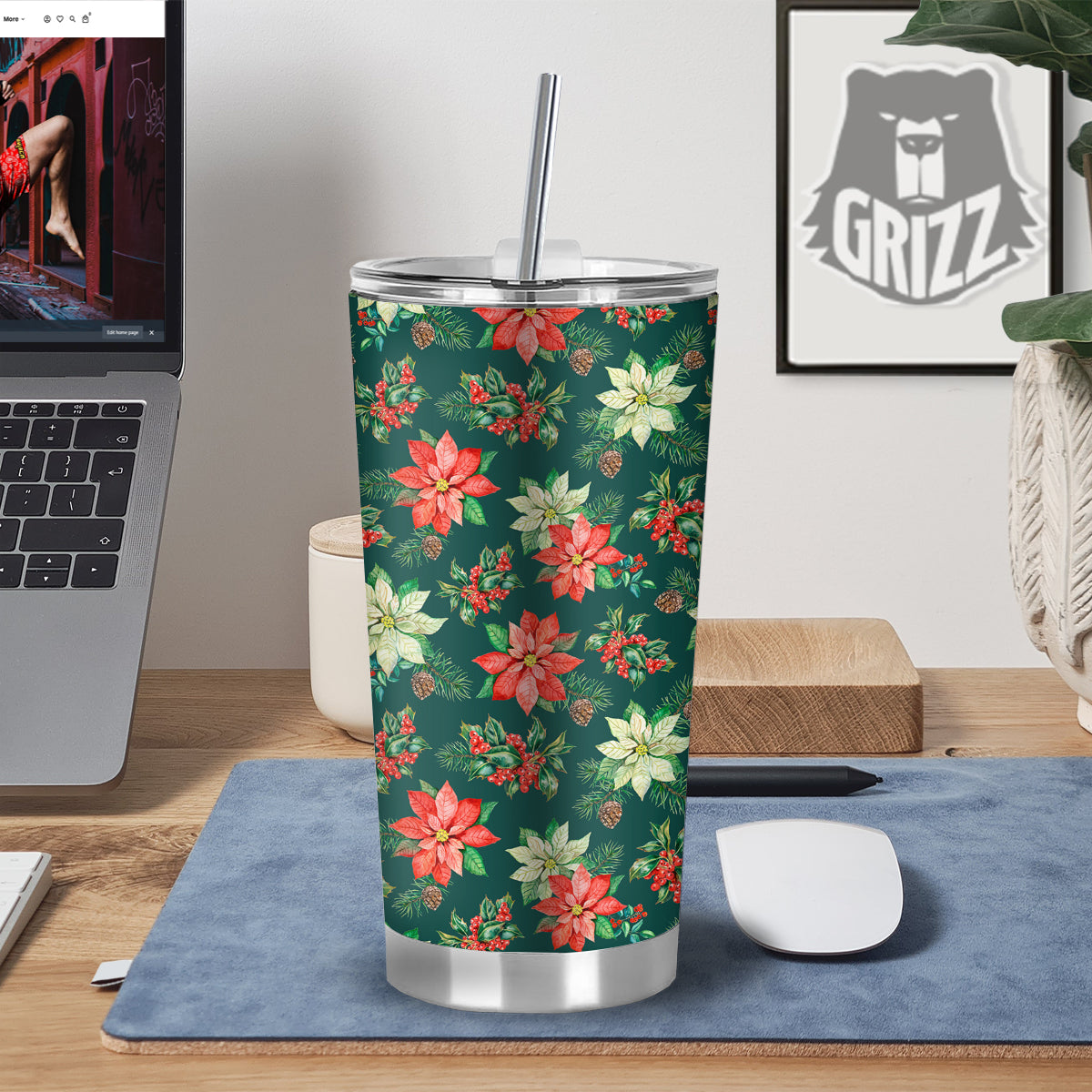 Poinsettia Watercolor Print Pattern Tumbler-grizzshop