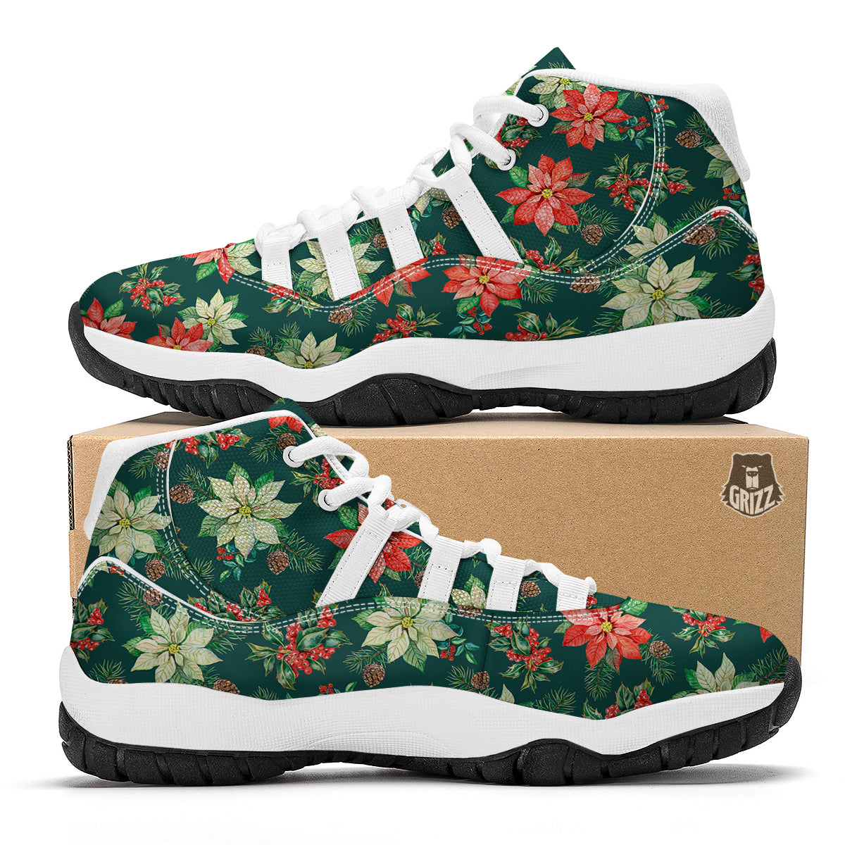 Poinsettia Watercolor Print Pattern White Bball Shoes-grizzshop