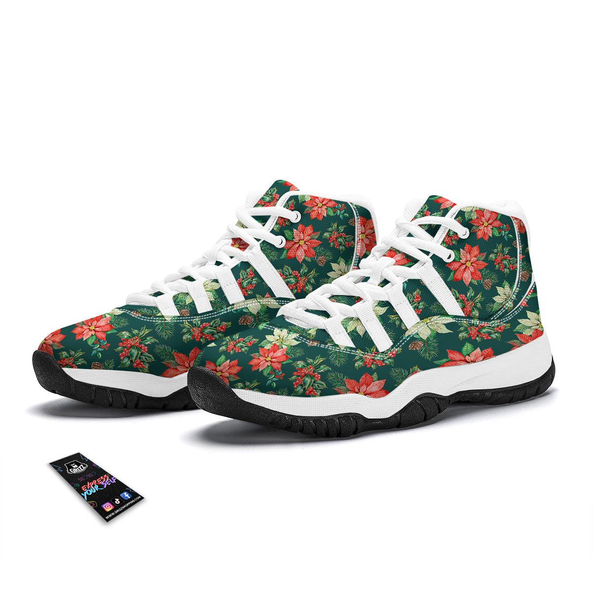 Poinsettia Watercolor Print Pattern White Bball Shoes-grizzshop