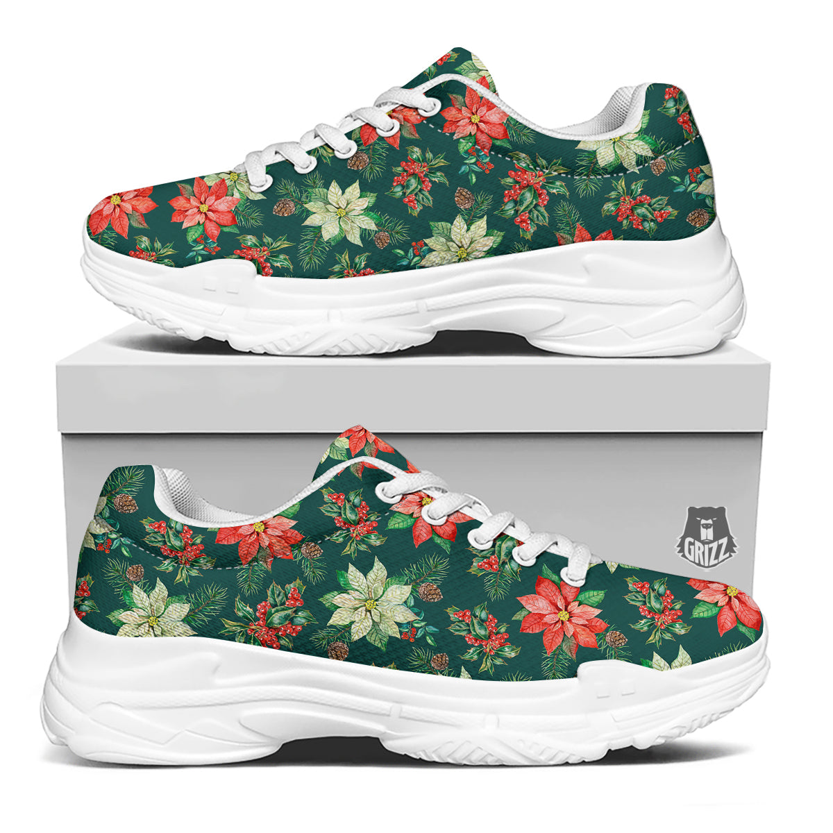 Poinsettia Watercolor Print Pattern White Chunky Shoes-grizzshop