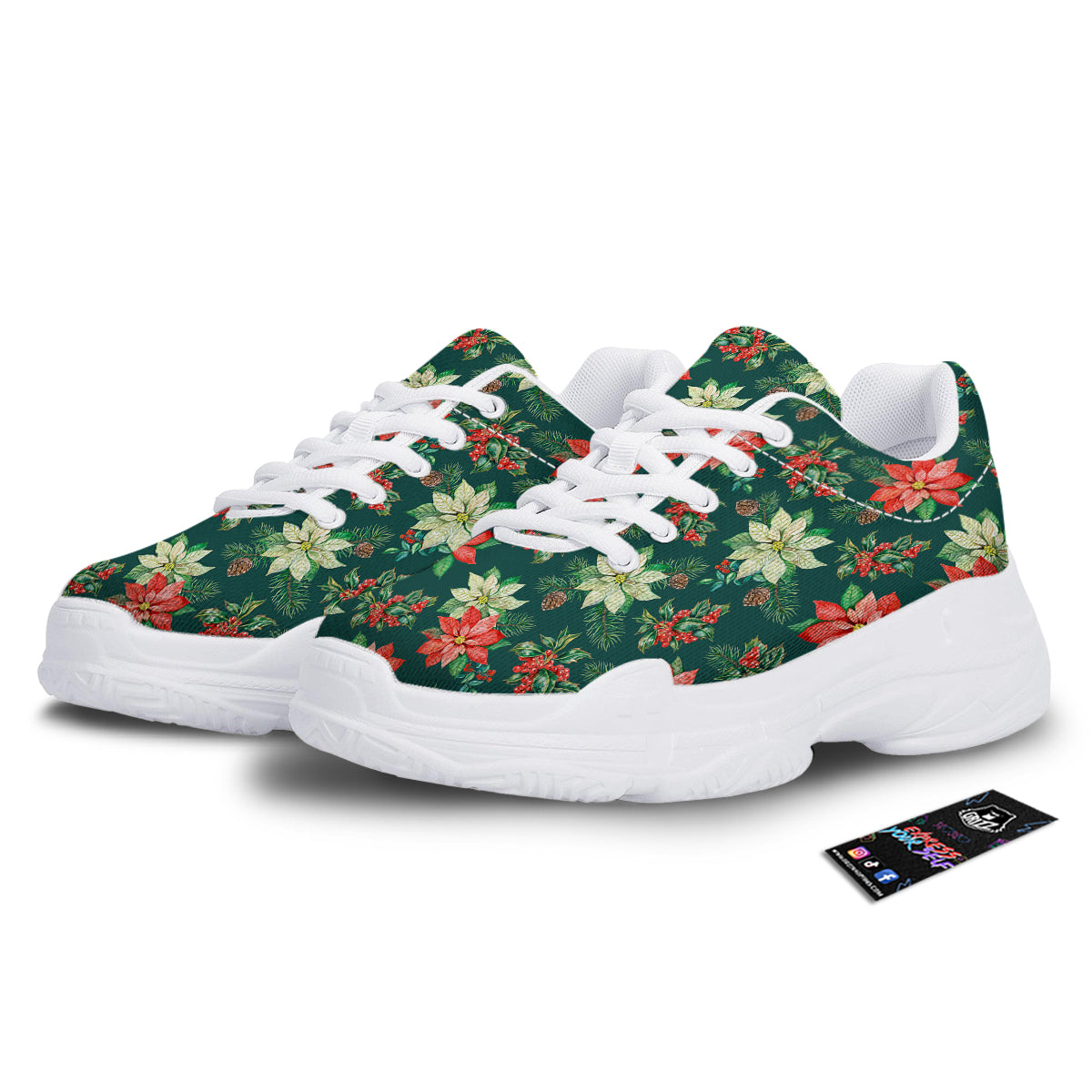 Poinsettia Watercolor Print Pattern White Chunky Shoes-grizzshop