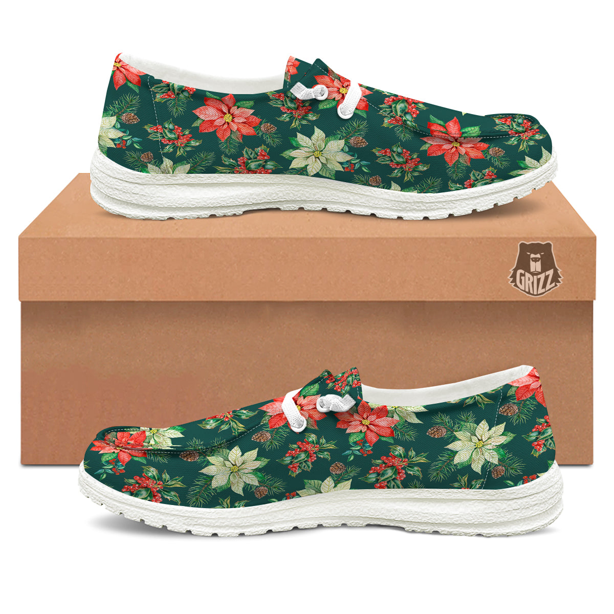 Poinsettia Watercolor Print Pattern White Loafers-grizzshop