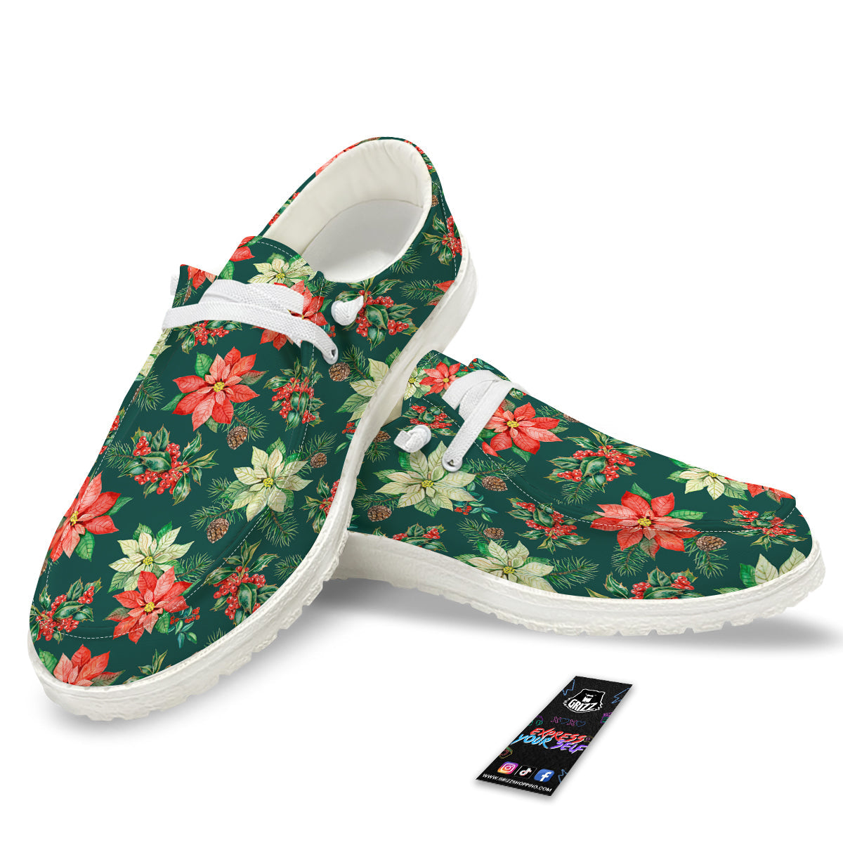 Poinsettia Watercolor Print Pattern White Loafers-grizzshop