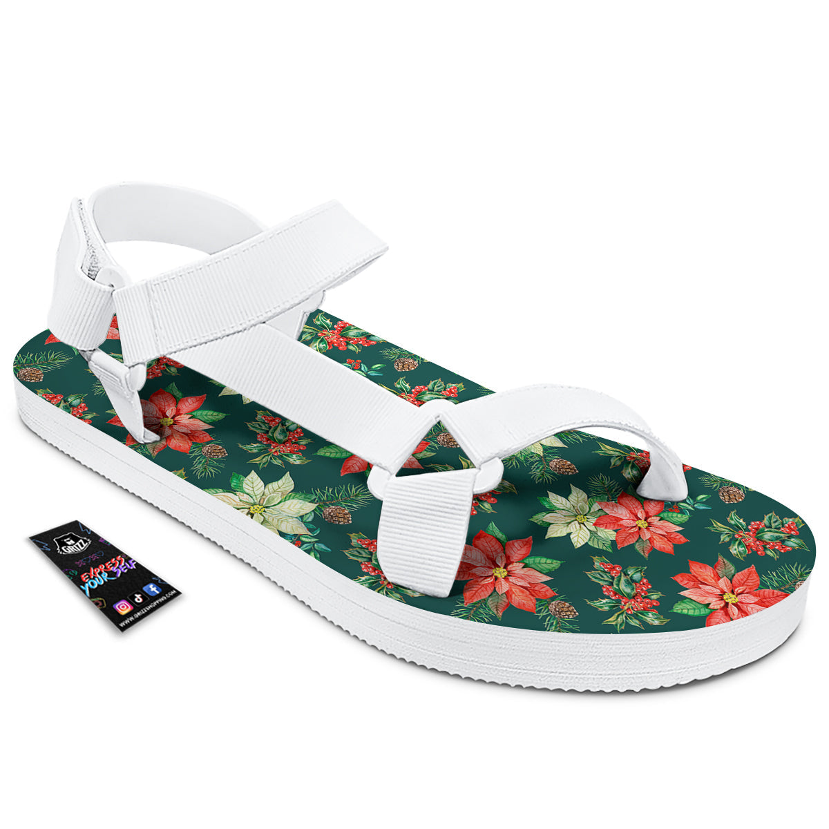 Poinsettia Watercolor Print Pattern White Open Toe Sandals-grizzshop