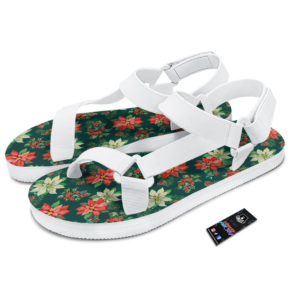 Poinsettia Watercolor Print Pattern White Open Toe Sandals-grizzshop