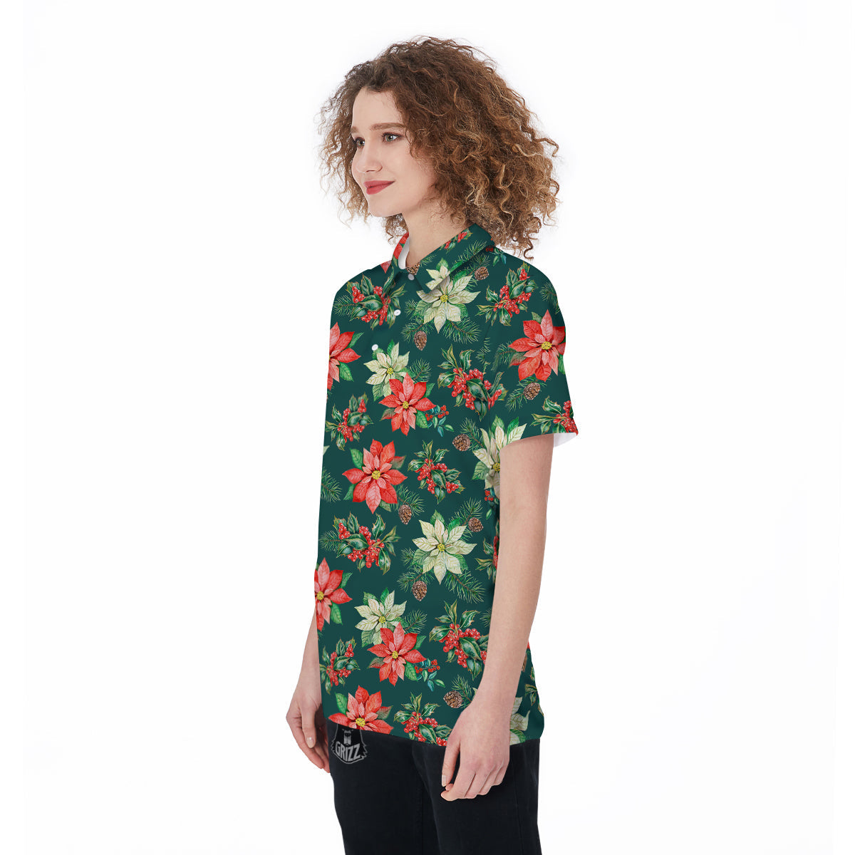 Poinsettia Watercolor Print Pattern Women's Golf Shirts-grizzshop