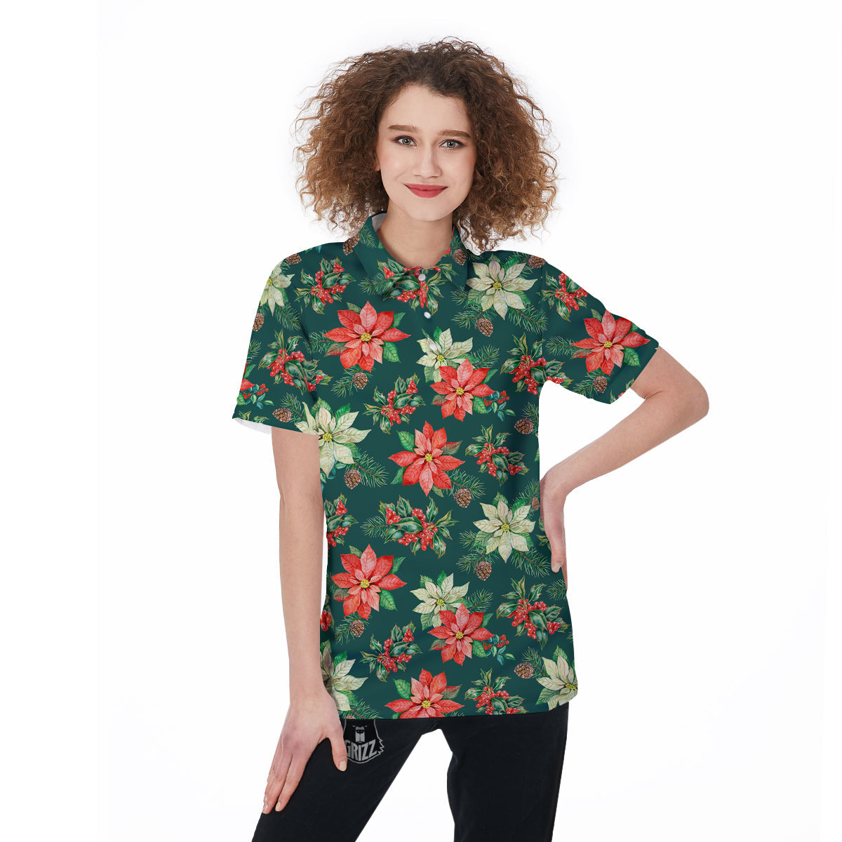 Poinsettia Watercolor Print Pattern Women's Golf Shirts-grizzshop