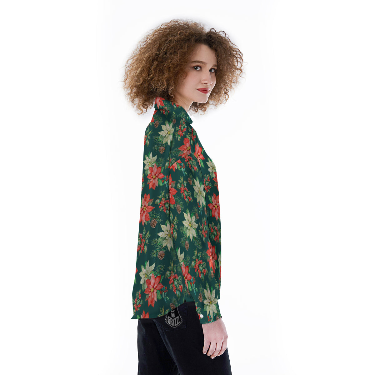 Poinsettia Watercolor Print Pattern Women's Long Sleeve Shirts-grizzshop