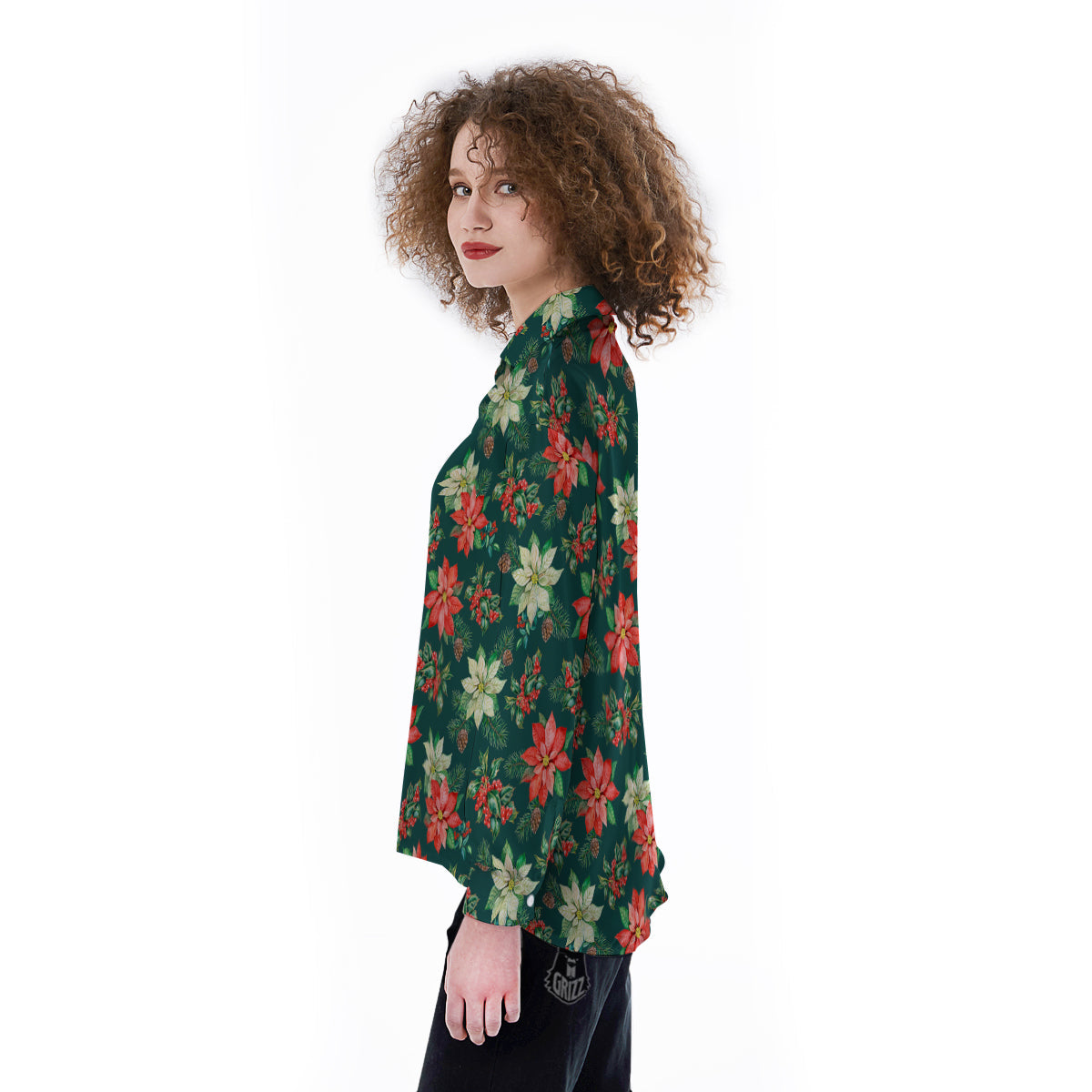 Poinsettia Watercolor Print Pattern Women's Long Sleeve Shirts-grizzshop