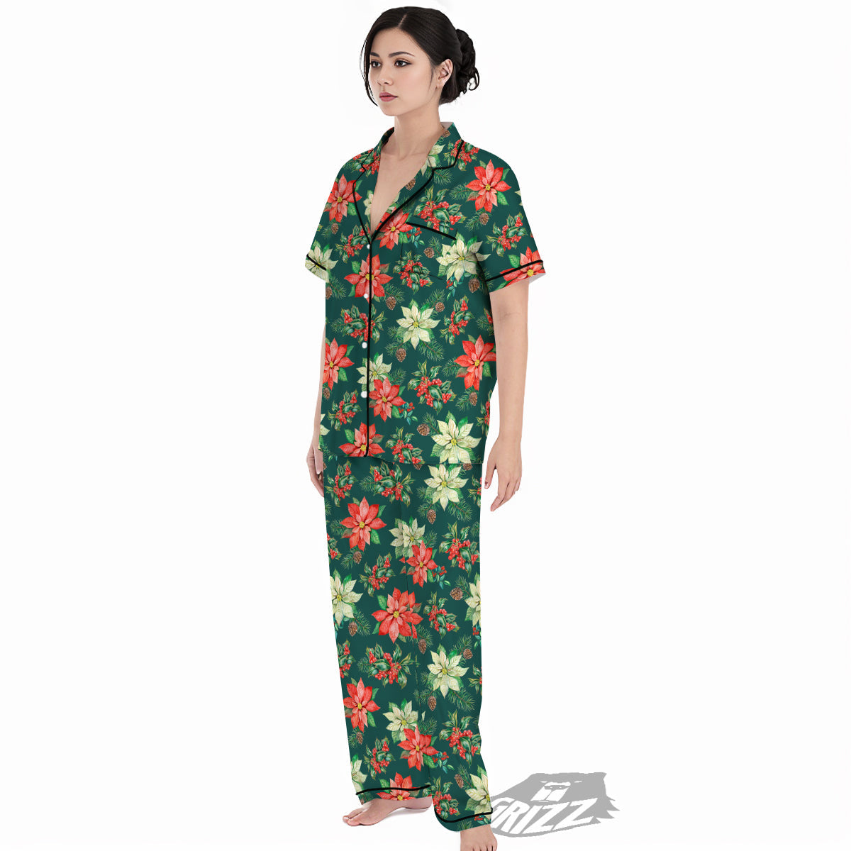 Poinsettia Watercolor Print Pattern Women's Pajamas Set-grizzshop