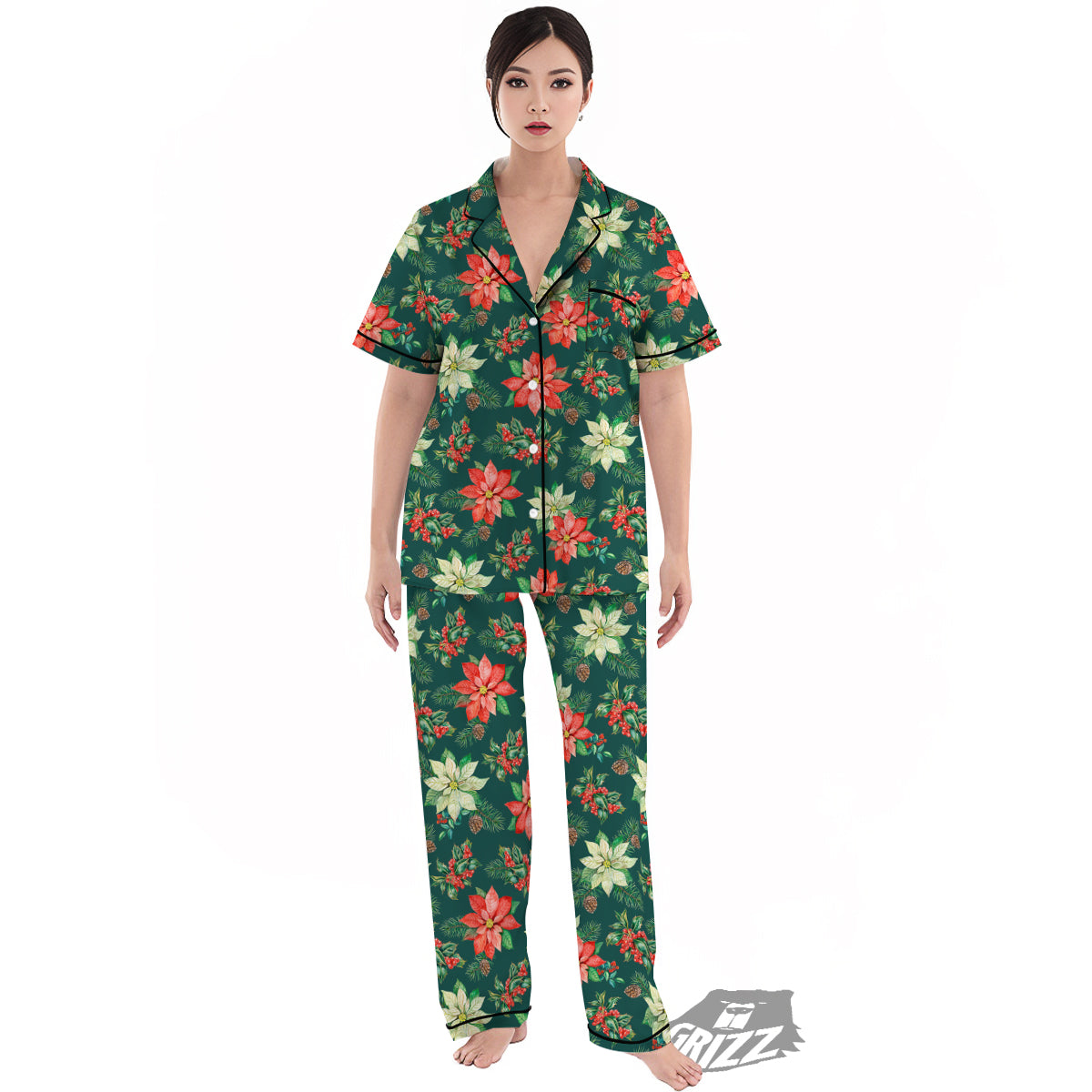 Poinsettia Watercolor Print Pattern Women's Pajamas Set-grizzshop