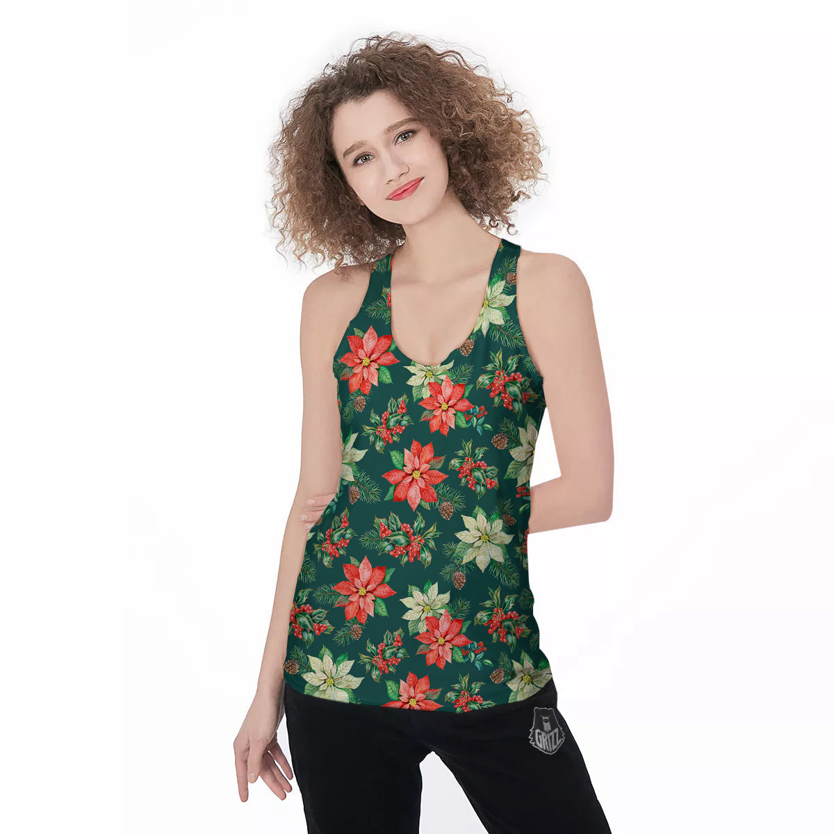 Poinsettia Watercolor Print Pattern Women's Racerback Tank Top-grizzshop
