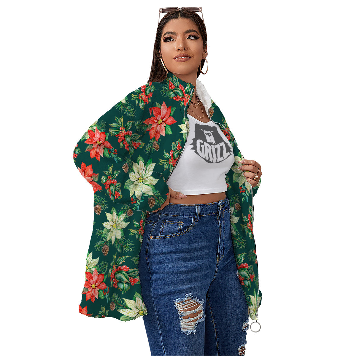 Poinsettia Watercolor Print Pattern Women's Sherpa Jacket-grizzshop