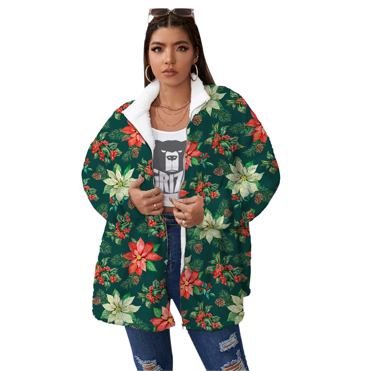 Poinsettia Watercolor Print Pattern Women's Sherpa Jacket-grizzshop