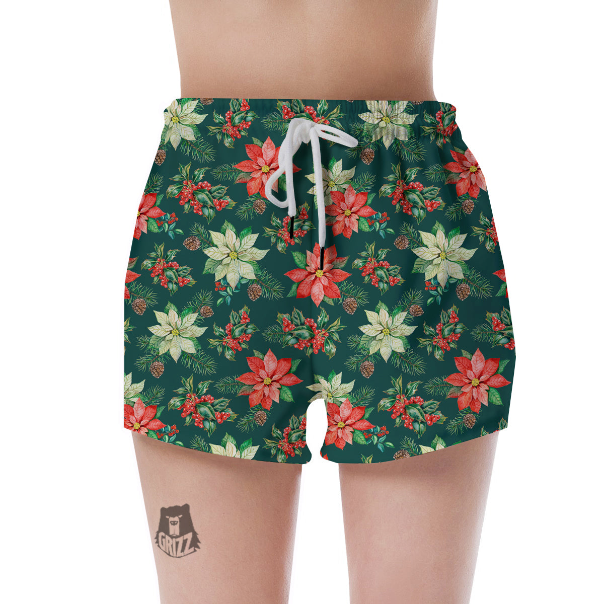 Poinsettia Watercolor Print Pattern Women's Shorts-grizzshop