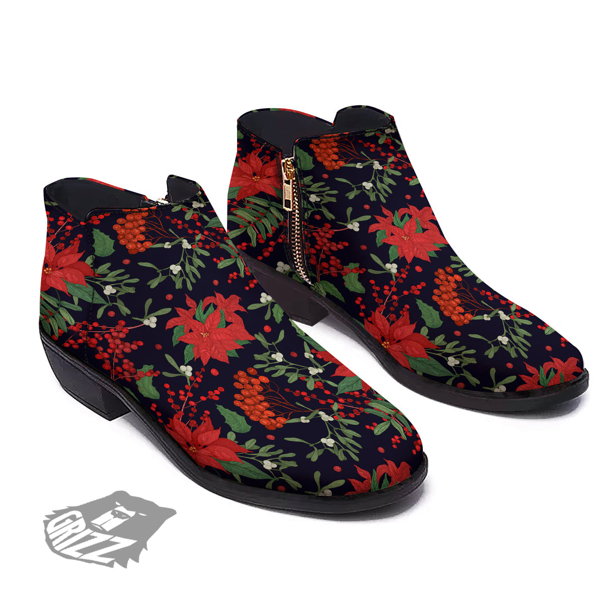 Poinsettia Xmas Print Pattern Ankle Boots-grizzshop