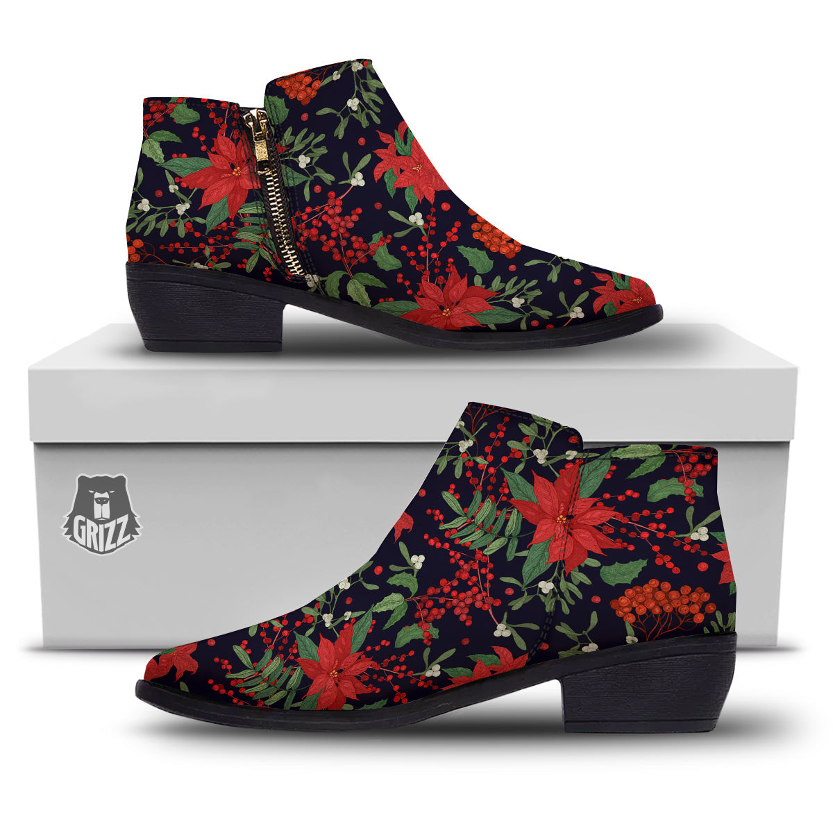 Poinsettia Xmas Print Pattern Ankle Boots-grizzshop