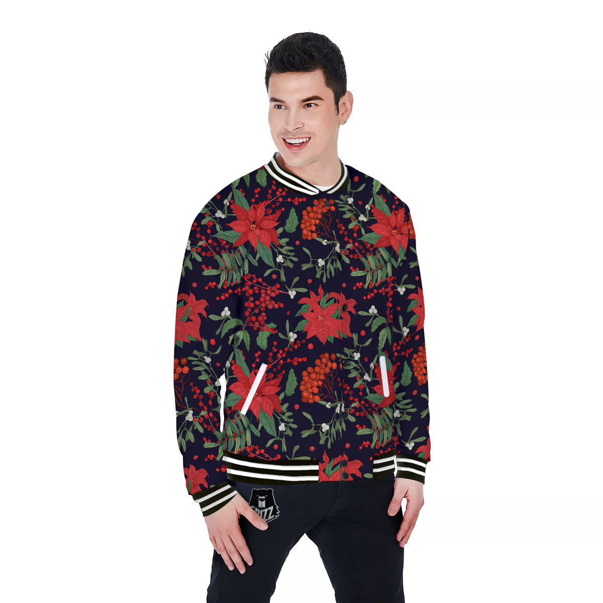 Poinsettia Xmas Print Pattern Baseball Jacket-grizzshop