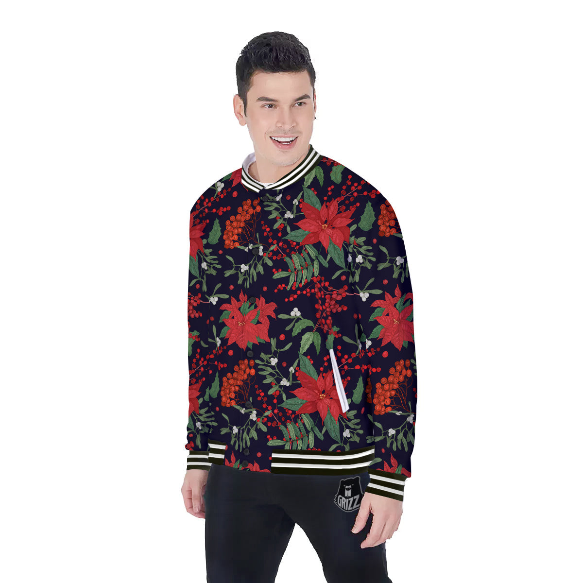 Poinsettia Xmas Print Pattern Baseball Jacket-grizzshop