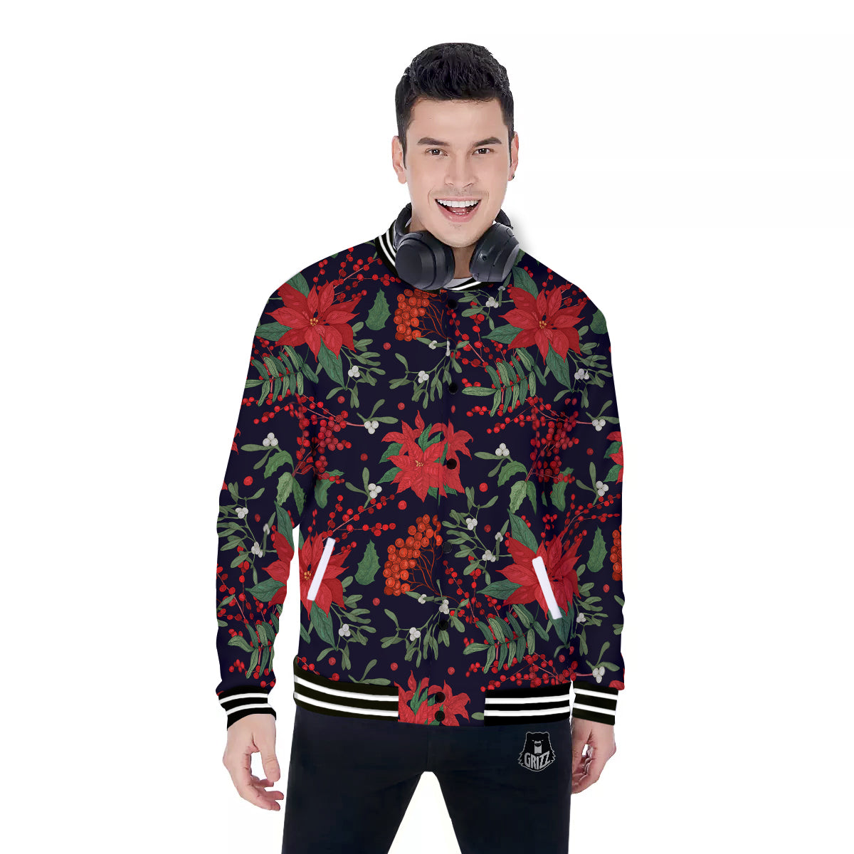 Poinsettia Xmas Print Pattern Baseball Jacket-grizzshop
