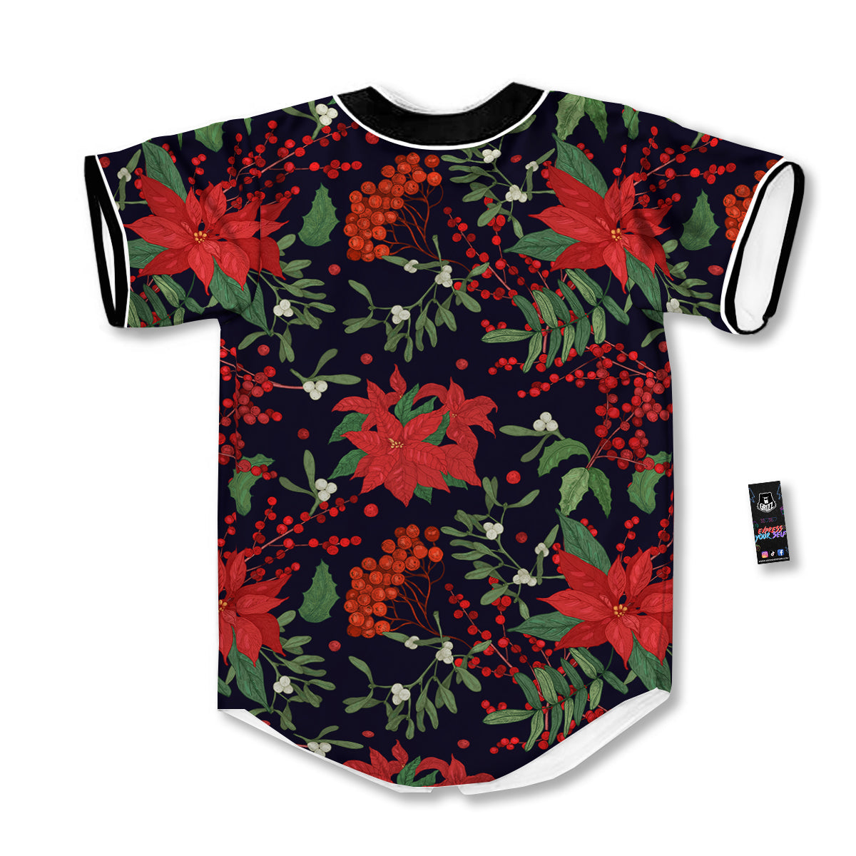 Poinsettia Xmas Print Pattern Baseball Jersey-grizzshop