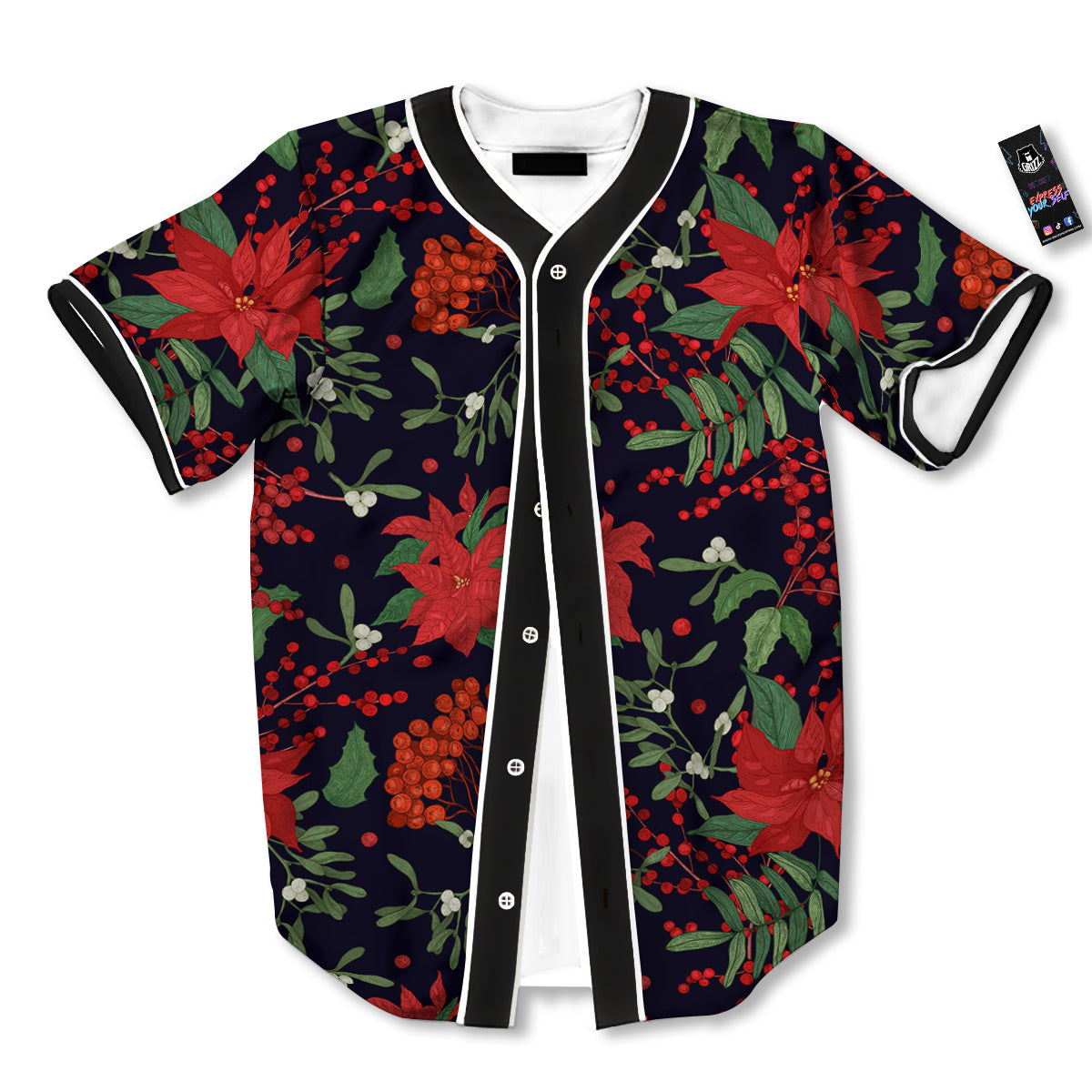 Poinsettia Xmas Print Pattern Baseball Jersey-grizzshop