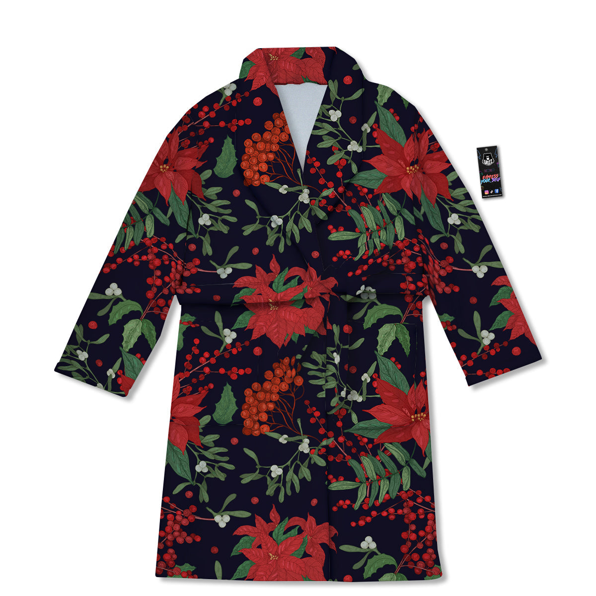 Poinsettia Xmas Print Pattern Bathrobe-grizzshop