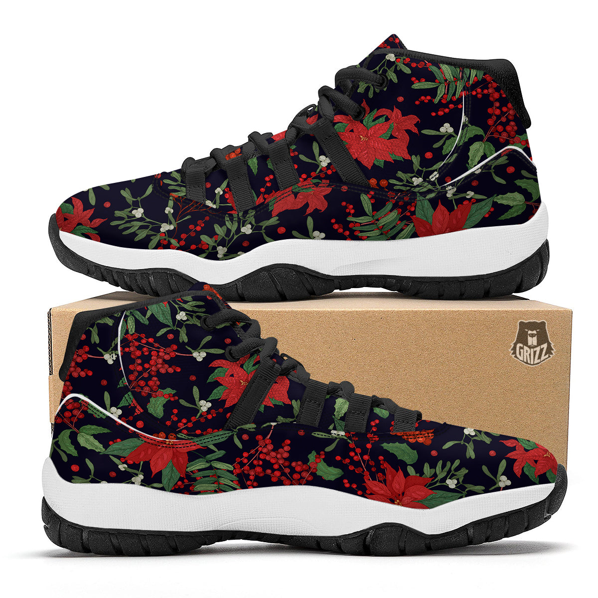Poinsettia Xmas Print Pattern Black Bball Shoes-grizzshop