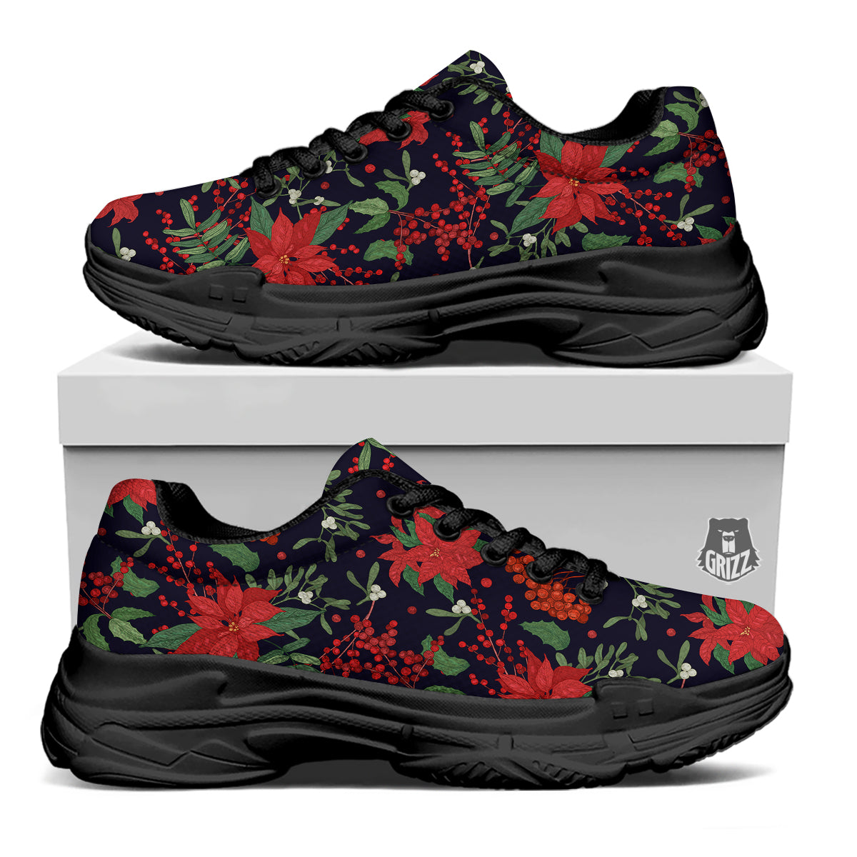 Poinsettia Xmas Print Pattern Black Chunky Shoes-grizzshop