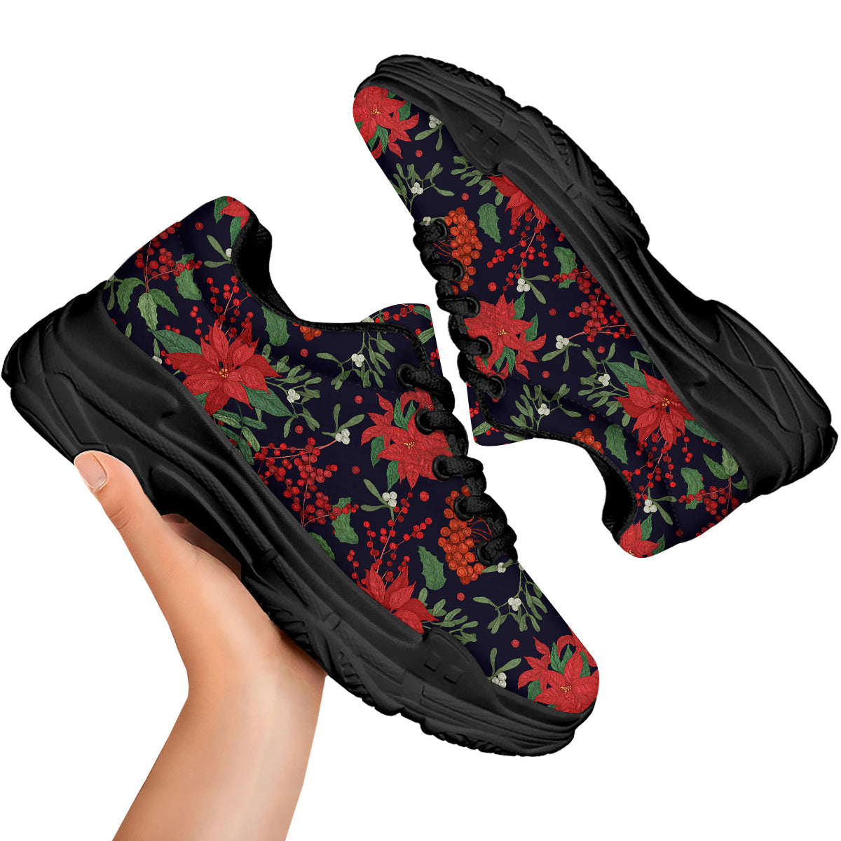 Poinsettia Xmas Print Pattern Black Chunky Shoes-grizzshop