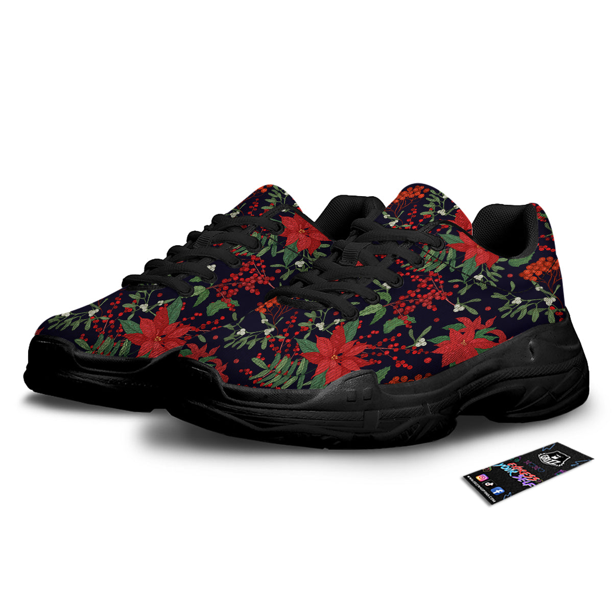 Poinsettia Xmas Print Pattern Black Chunky Shoes-grizzshop