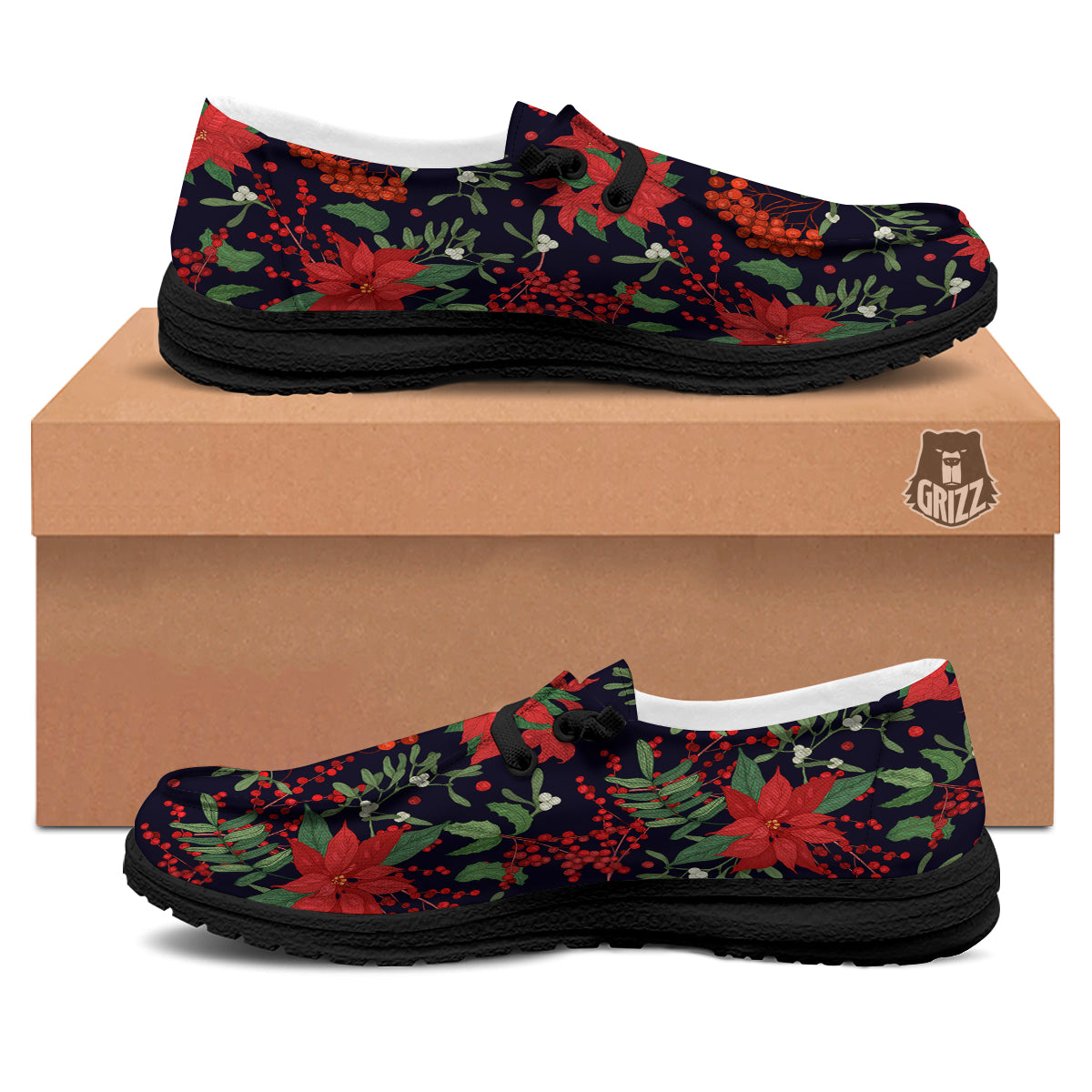 Poinsettia Xmas Print Pattern Black Loafers-grizzshop