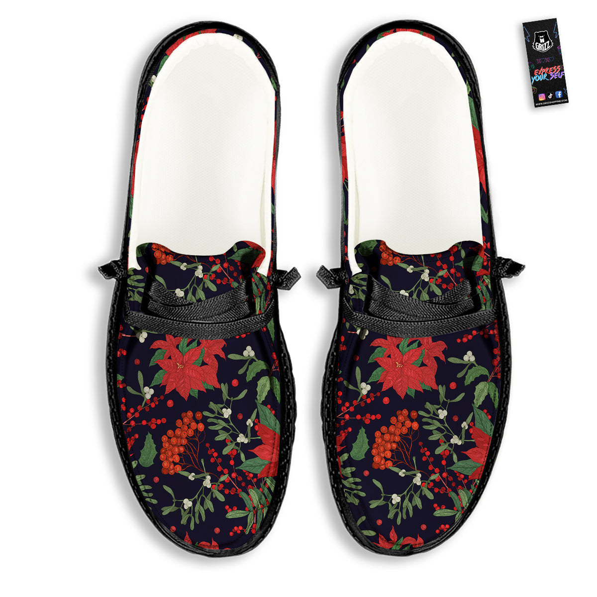 Poinsettia Xmas Print Pattern Black Loafers-grizzshop