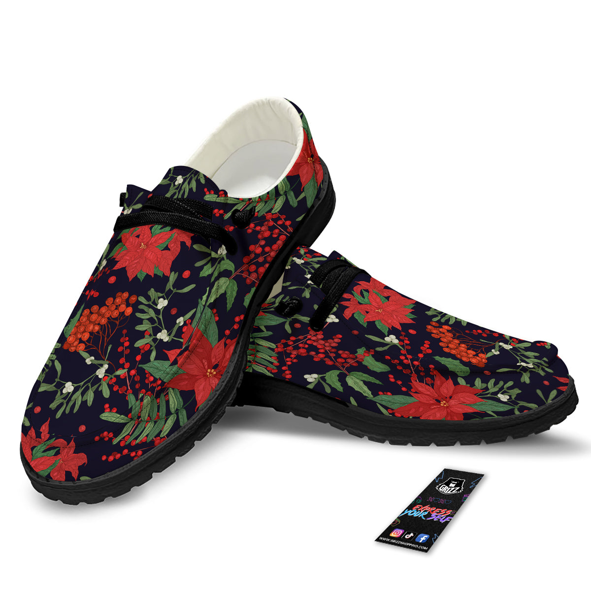 Poinsettia Xmas Print Pattern Black Loafers-grizzshop
