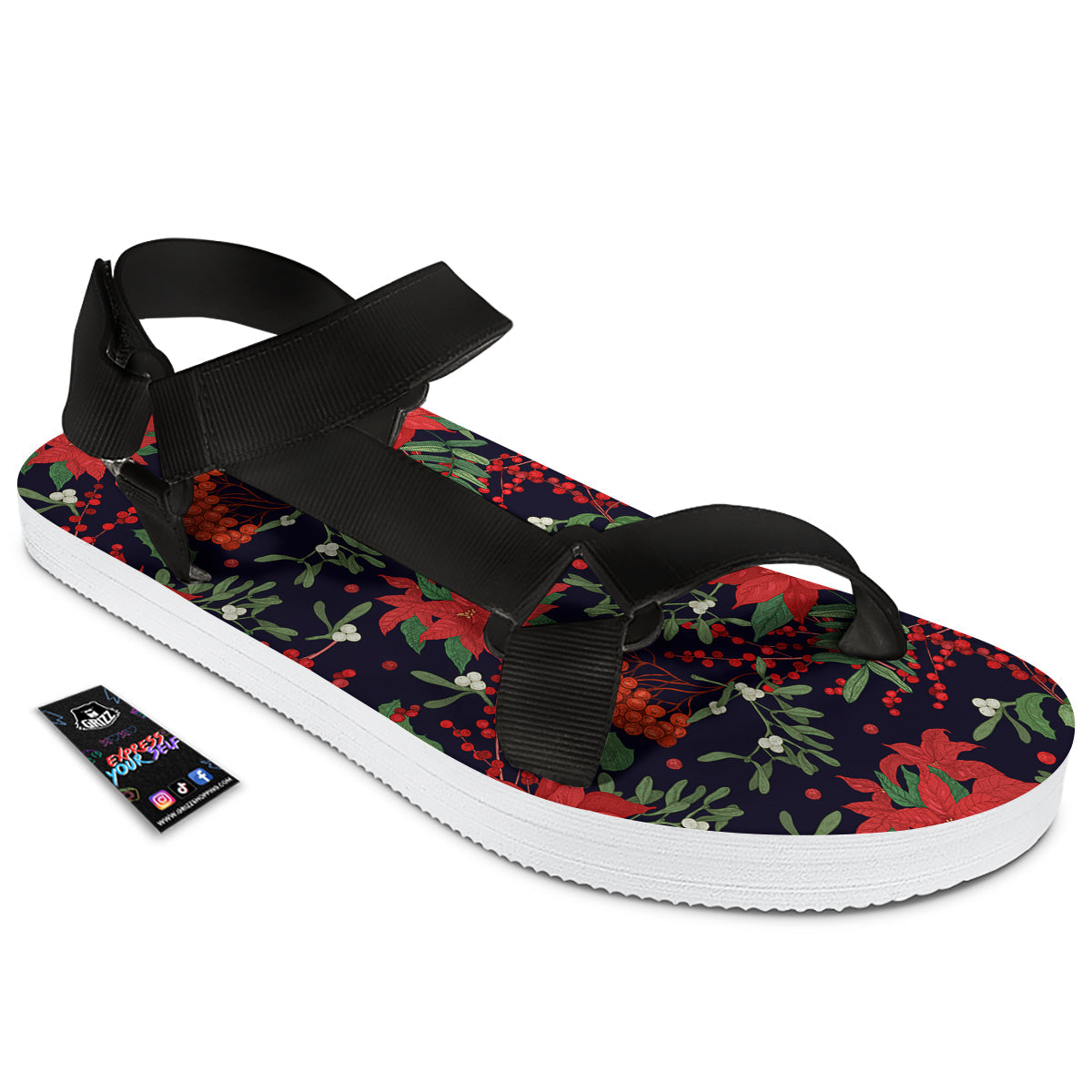 Poinsettia Xmas Print Pattern Black Open Toe Sandals-grizzshop