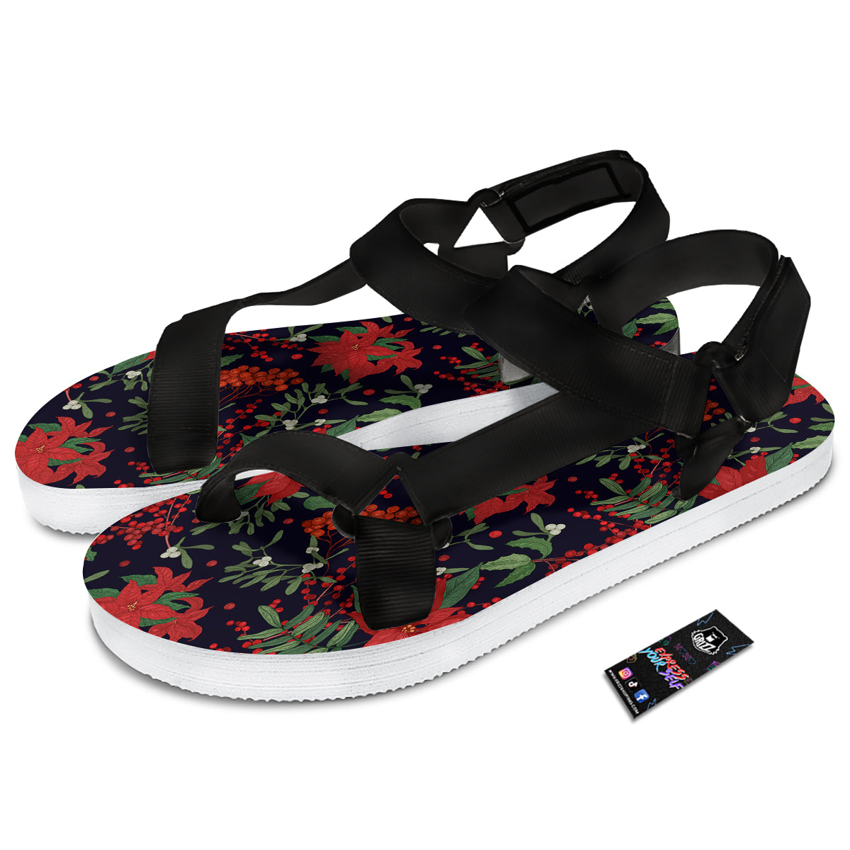 Poinsettia Xmas Print Pattern Black Open Toe Sandals-grizzshop