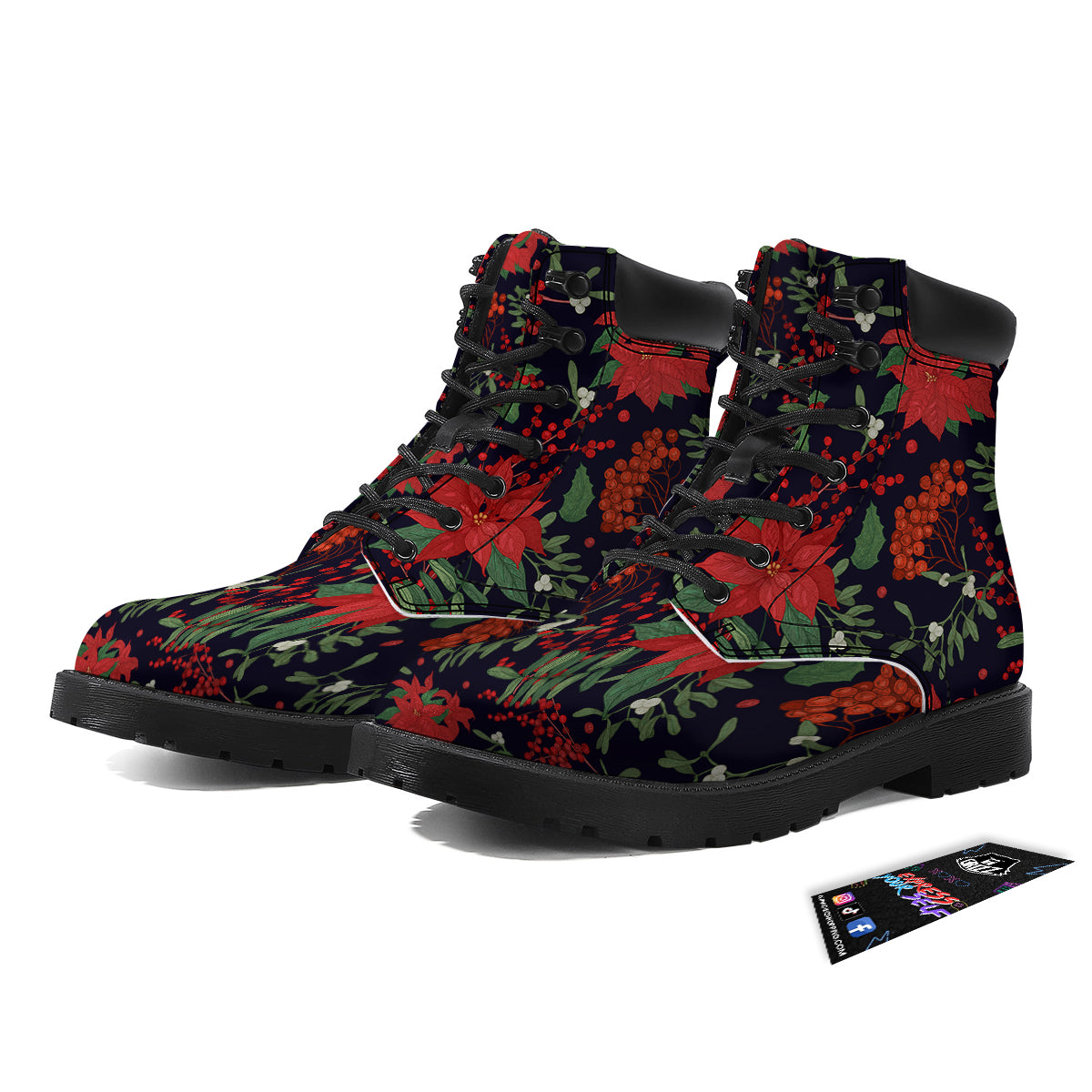 Poinsettia Xmas Print Pattern Boots-grizzshop
