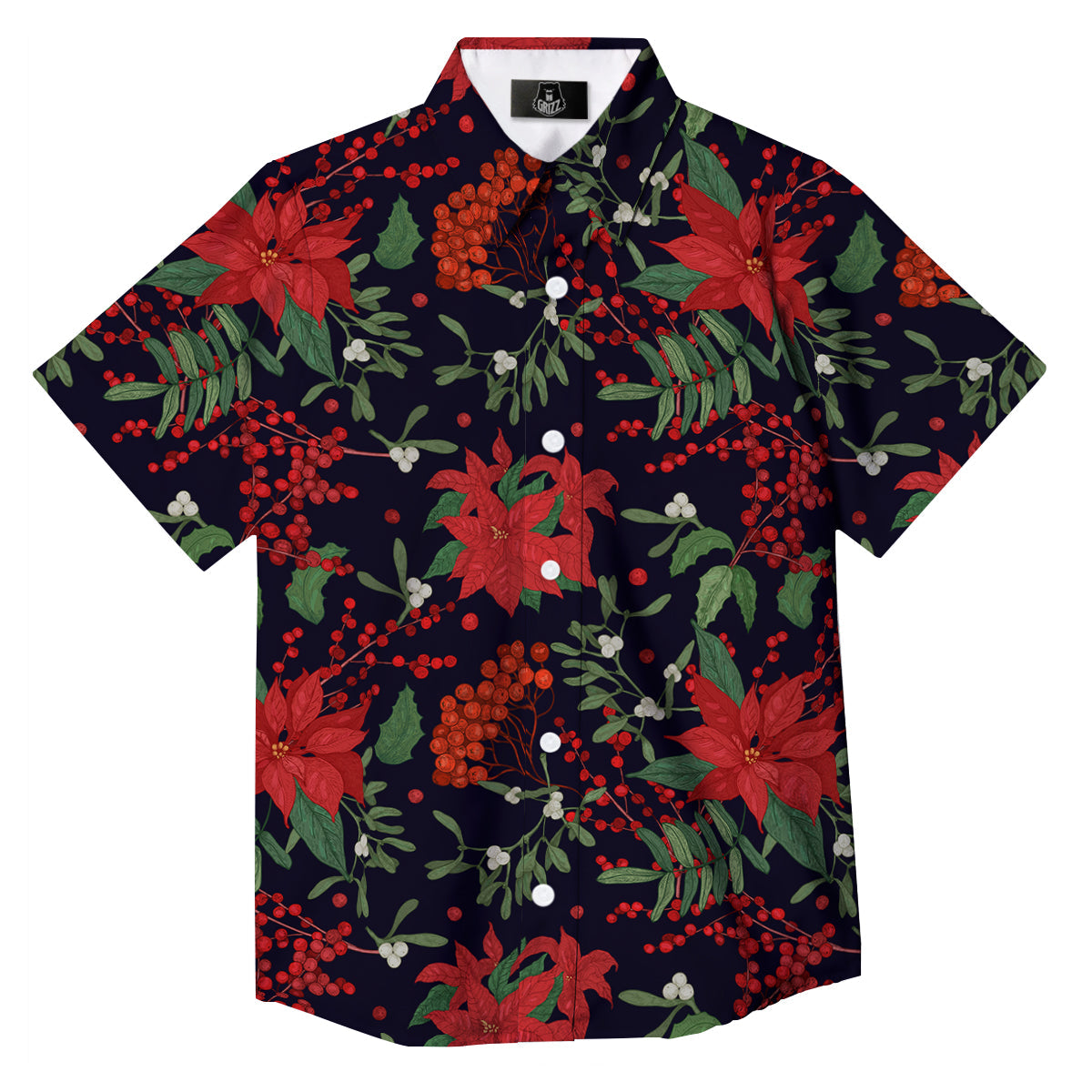 Poinsettia Xmas Print Pattern Button Up Shirt-grizzshop